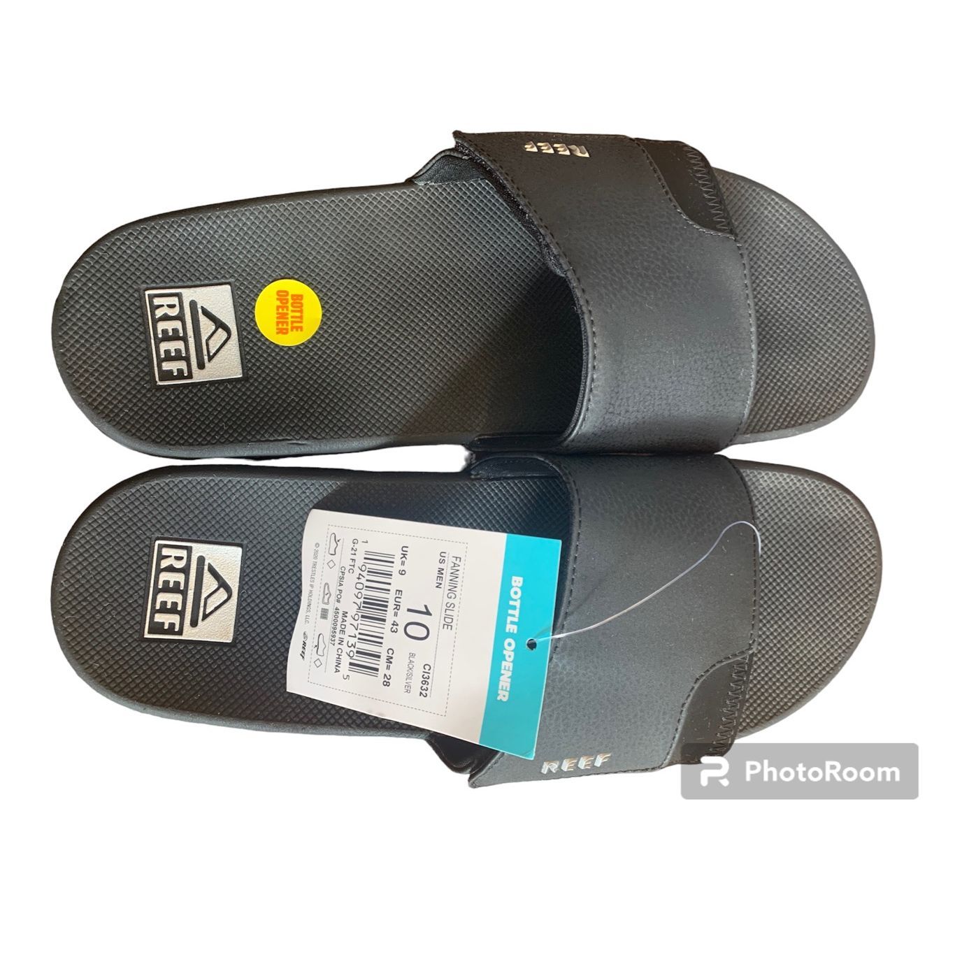 New Reef Mens Fanning Slide Bottle Opener Sandal Black Size 10